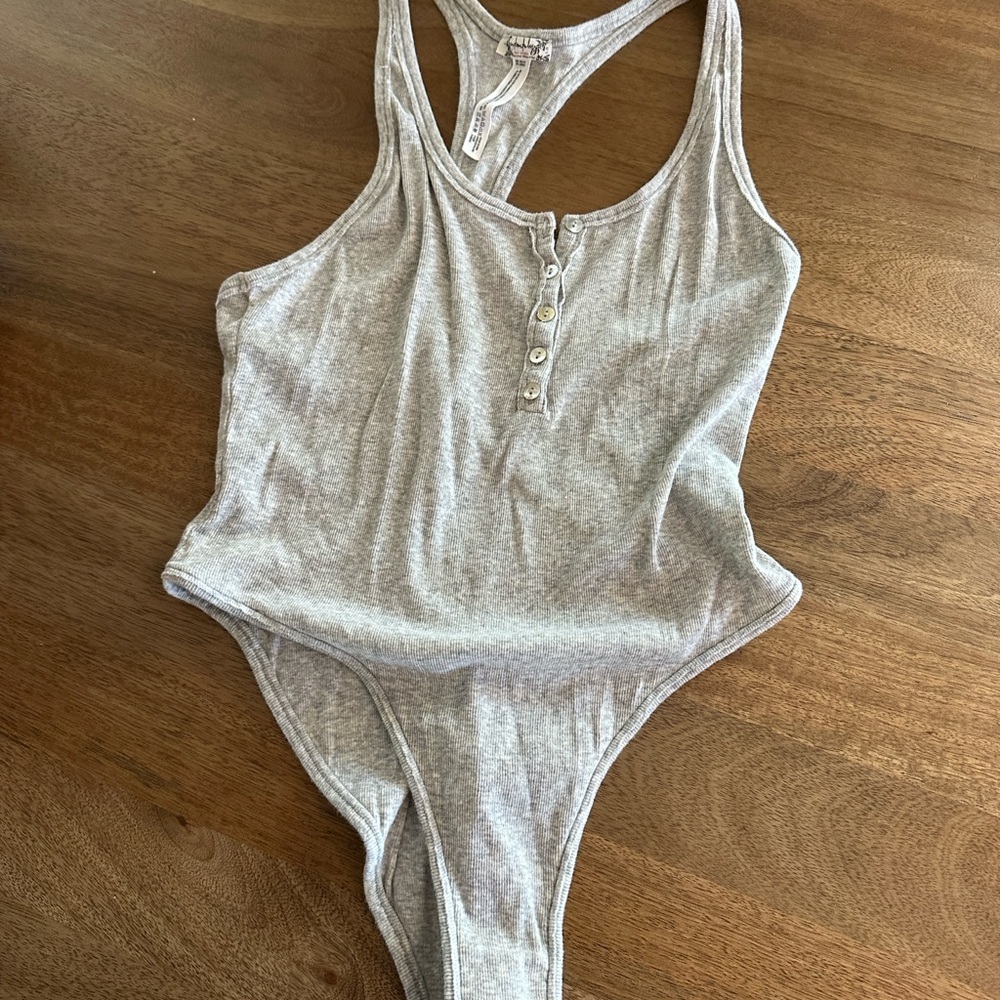 Free People Gray Ribbed Bodysuit with Racerback